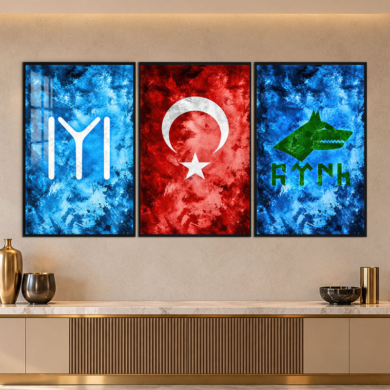 Kayı Damgası, Bayrak ve Bozkurt Üçlü Cam Tablo – Siyah Çerçeveli