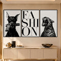 Fashion Yazılı Dobermann ve Leopar Üçlü Cam Tablo – Siyah Çerçeveli