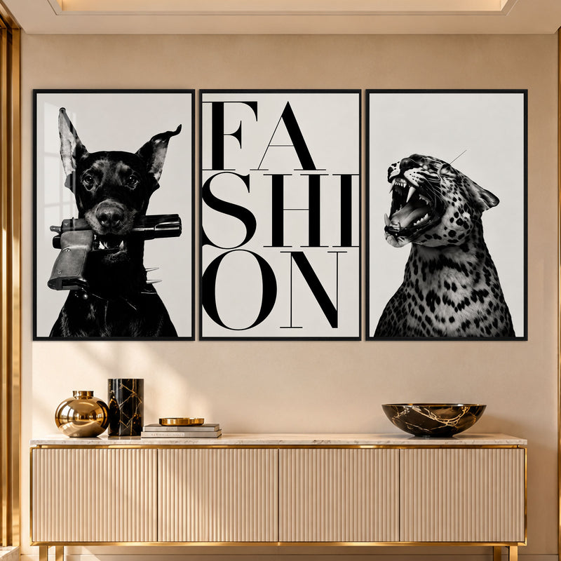 Fashion Yazılı Dobermann ve Leopar Üçlü Cam Tablo – Siyah Çerçeveli