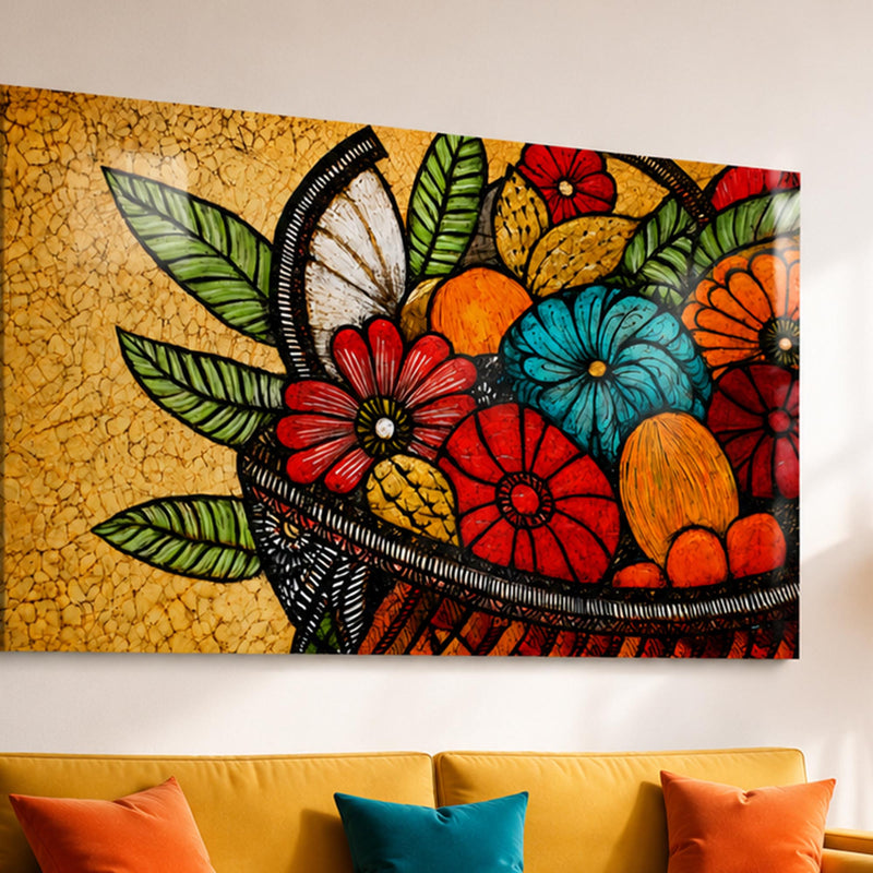 Folk Sanat Çiçek Sepeti Cam Tablo – Cam Tablo