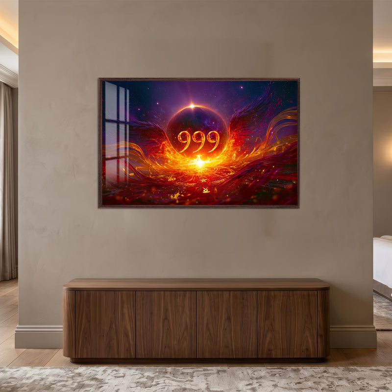 Kozmik Doğuşta 999 Cam Tablo – Ceviz Çerçeveli Cam Tablo