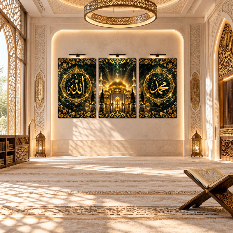 Altın Işıklı Cami ve Hat Levhası Üçlü Cam Tablo