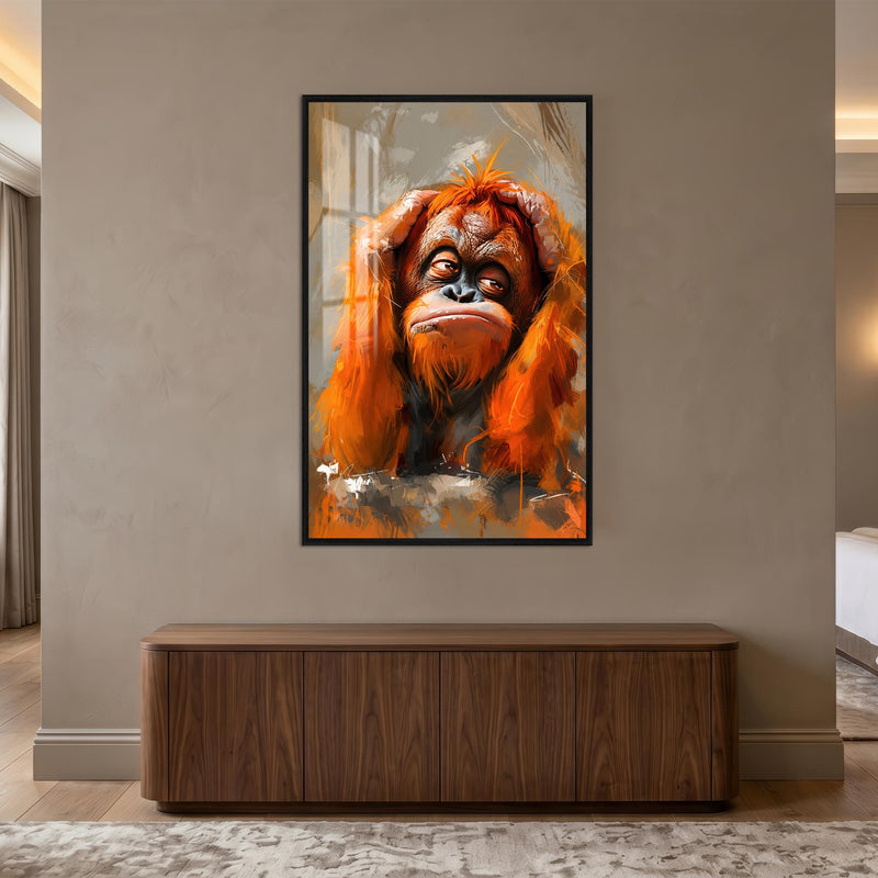 Düşünceli Orangutan Cam Tablo – Siyah Çerçeveli Cam Tablo