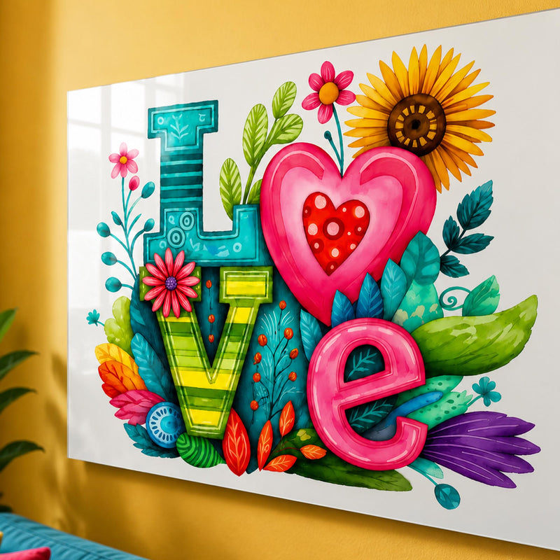 LOVE Çiçek Kalp Cam Tablo – Cam Tablo