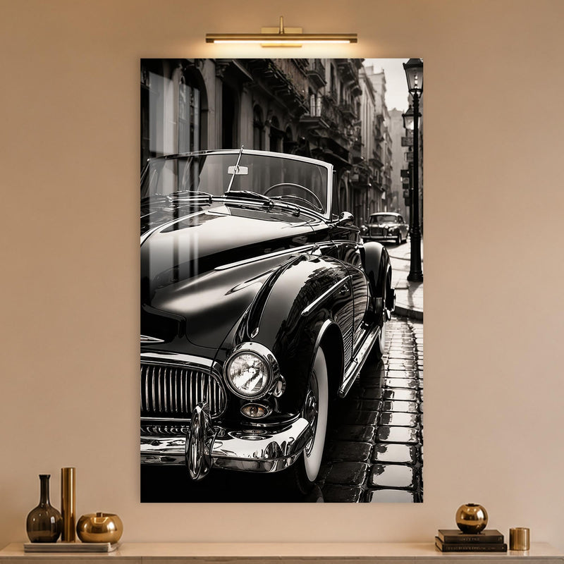 Siyah Beyaz Vintage Otomobil Sokak Sahnesi Cam Tablo – Cam Tablo