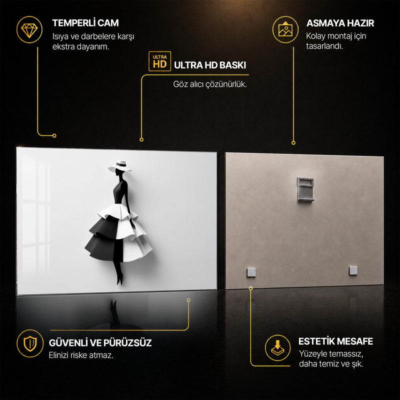 Katmanlı Siyah Beyaz Minimalist Moda Silüeti Cam Tablo – Cam Tablo