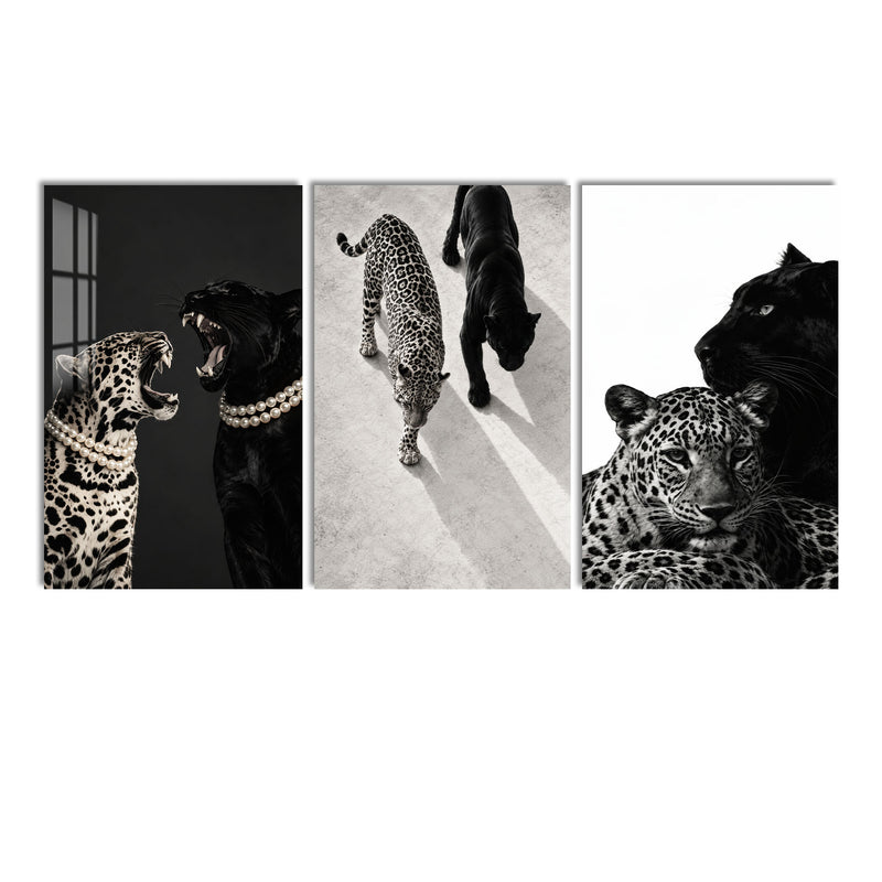 Leopar ve Panter Siyah Beyaz Üçlü Cam Tablo