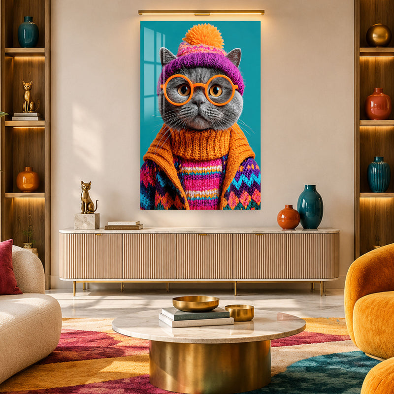 Bere Takan Gri Kedi Cam Tablo – Cam Tablo