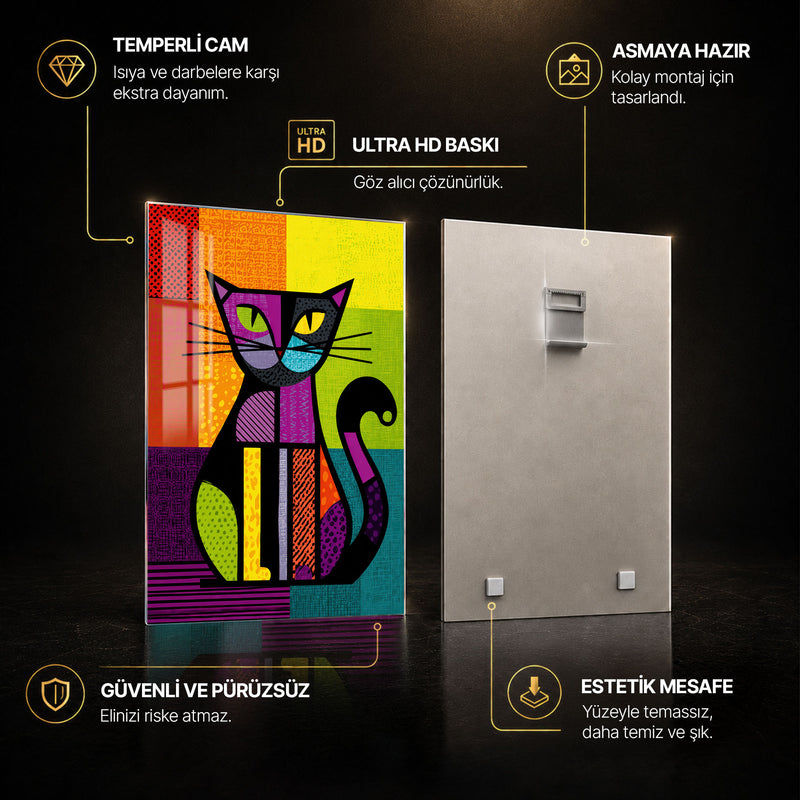 Geometrik Renkli Kedi Cam Tablo – Cam Tablo