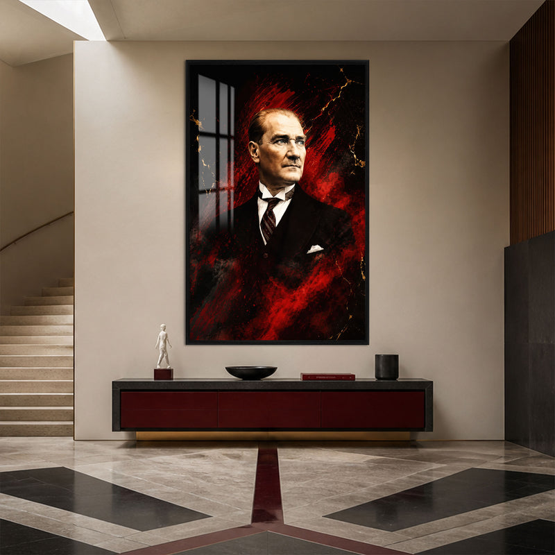 Kızıl Zeminde Atatürk Cam Tablo – Siyah Çerçeveli