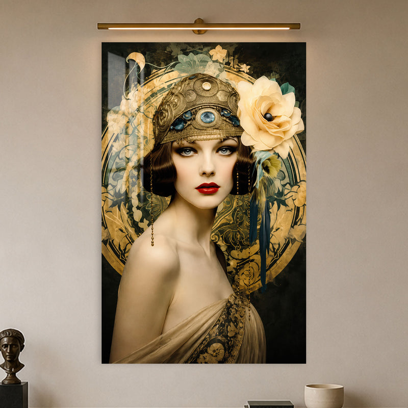 Art Deco Çiçek Taçlı Kadın Cam Tablo – Cam Tablo