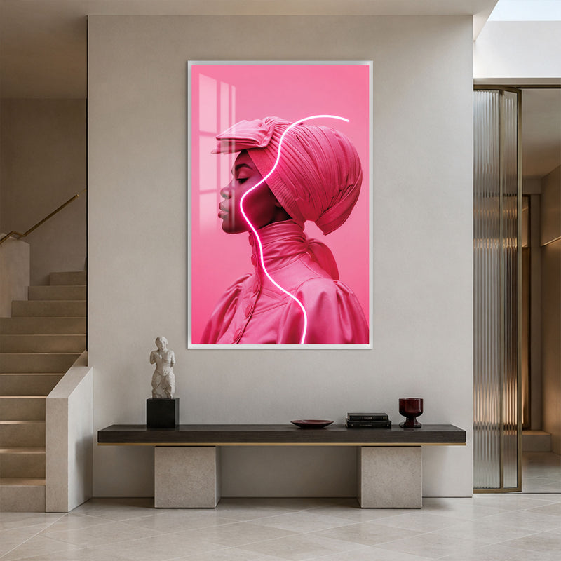 Pembe Neon Çizgili Profil Cam Tablo – Beyaz Çerçeveli Cam Tablo