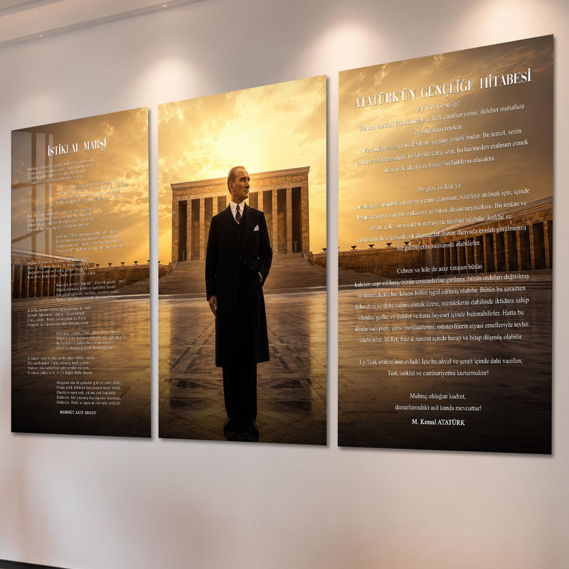 Atatürk Köşesi Üçlü Cam Tablo Seti — Anıtkabir Altın Işıklı