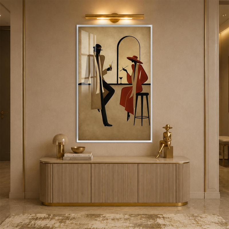 Art Deco Barda Zarif Çift Cam Tablo – Beyaz Çerçeveli Cam Tablo