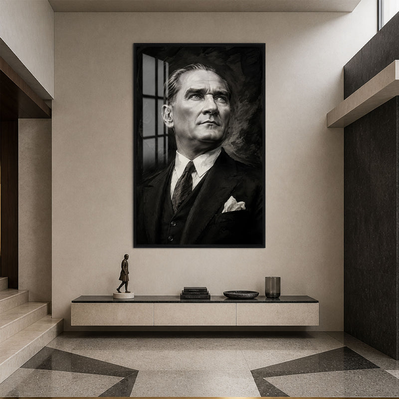 Yukarı Bakan Atatürk Cam Tablo – Siyah Çerçeveli