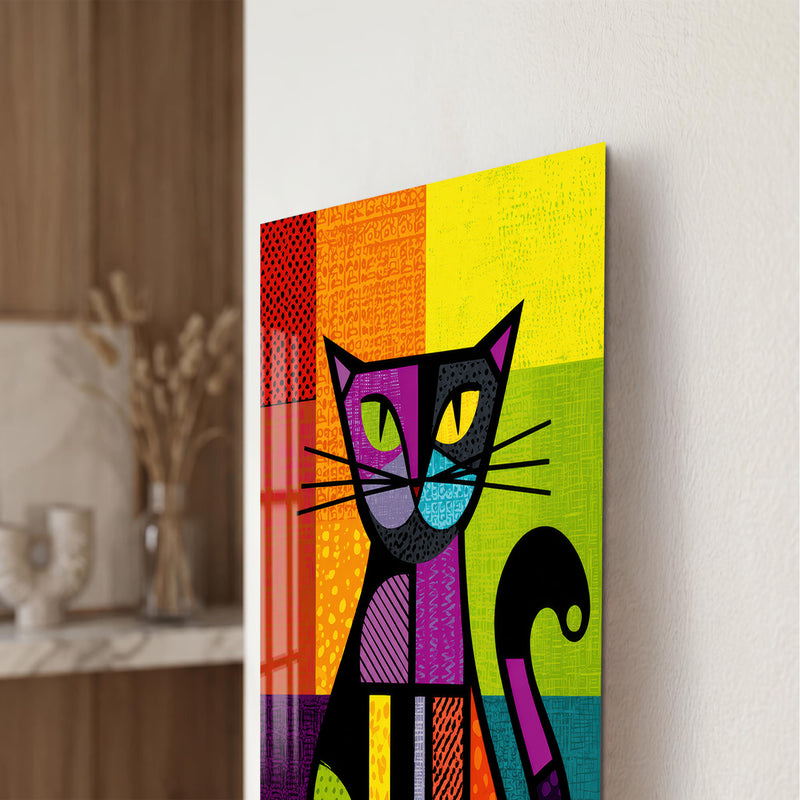 Geometrik Renkli Kedi Cam Tablo – Cam Tablo