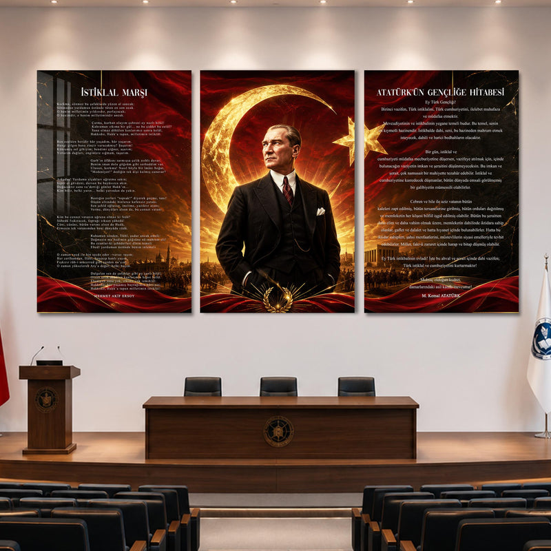 Atatürk Köşesi Üçlü Cam Tablo Seti — Kızıl Hilal Zafer Çelenkli