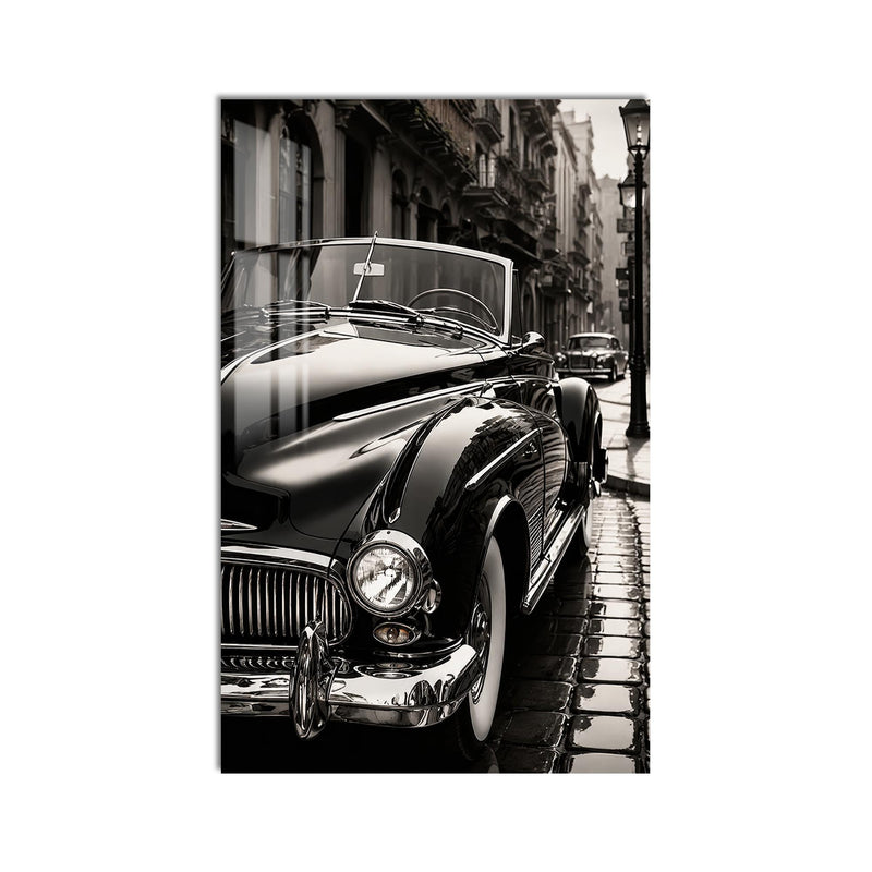 Siyah Beyaz Vintage Otomobil Sokak Sahnesi Cam Tablo – Cam Tablo