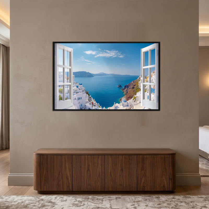 Santorini Mavi Kubbeler Cam Tablo – Siyah Çerçeveli Cam Tablo