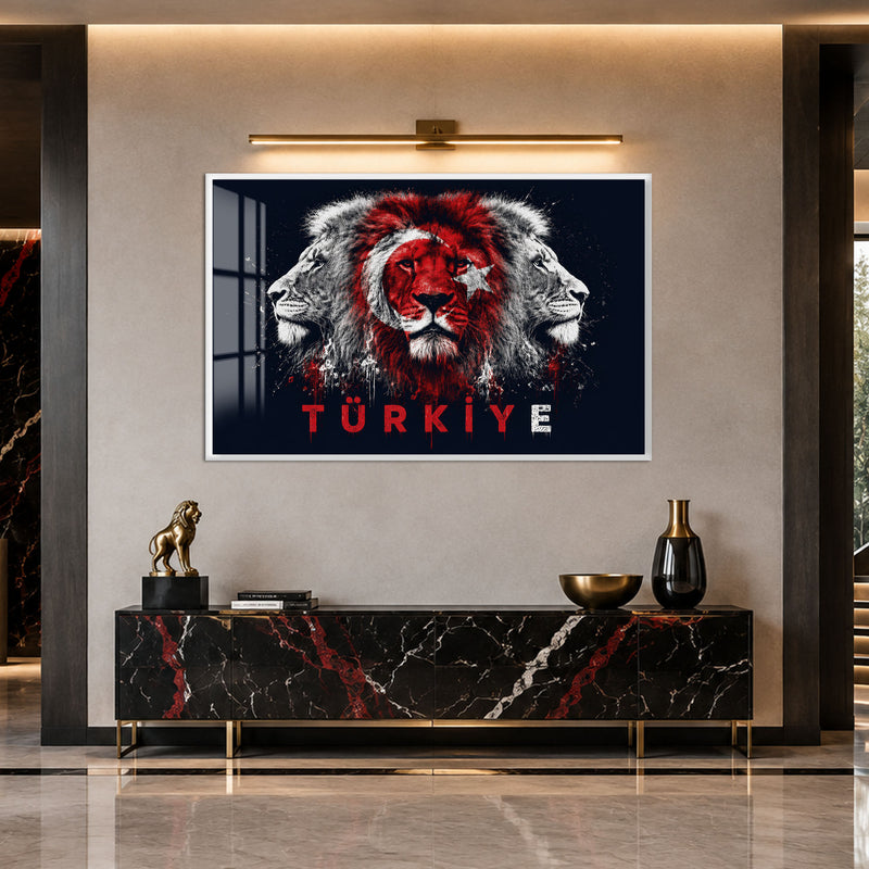 Üç Aslan Türkiye Bayrağı Cam Tablo – Beyaz Çerçeveli Cam Tablo