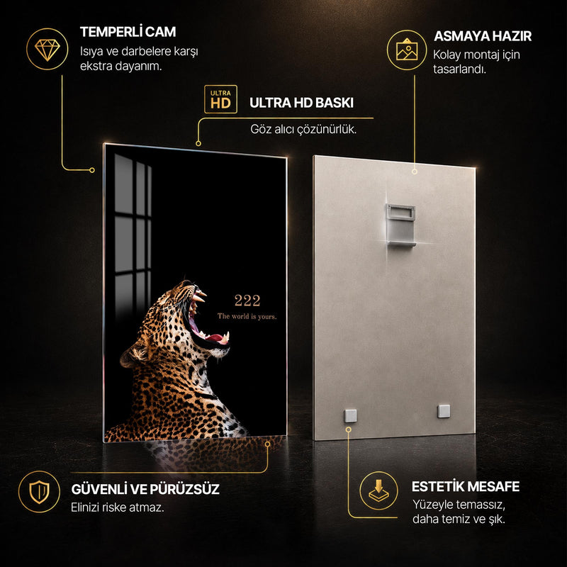 Siyah Zeminde 222 Leopar Cam Tablo – Cam Tablo