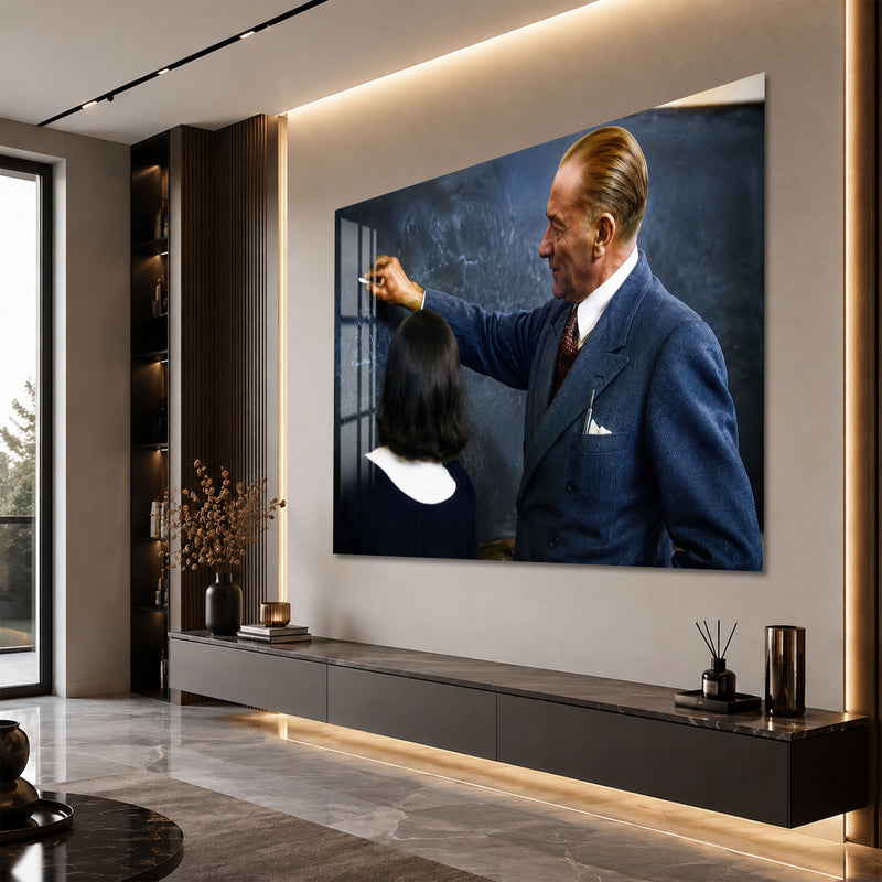 Tahta Başında Atatürk Cam Tablo