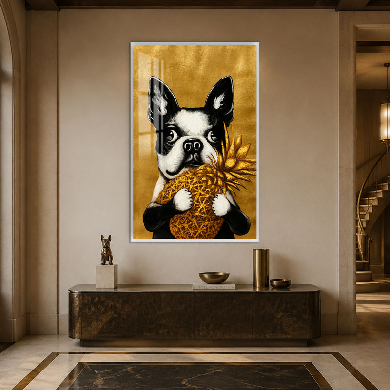Ananaslı Boston Terrier Cam Tablo – Beyaz Çerçeveli Cam Tablo