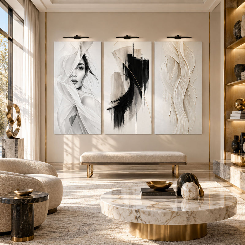 Siyah Beyaz Modern Sanat Üçlü Cam Tablo