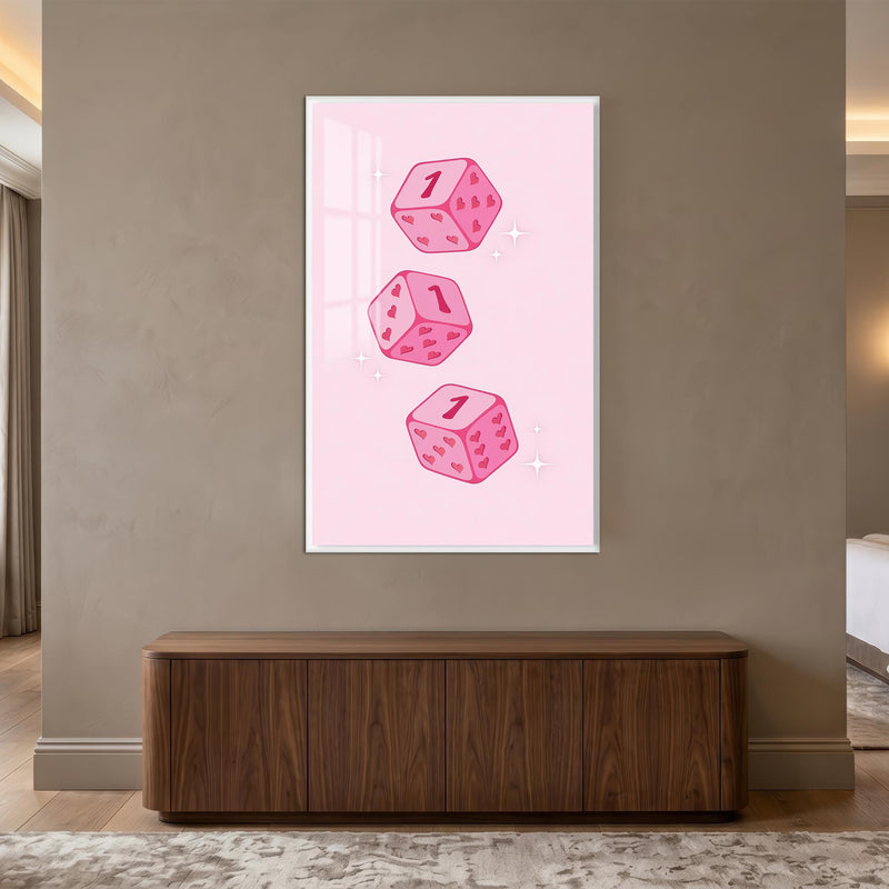 Pembe Şans Zarları Cam Tablo – Gümüş Çerçeveli Cam Tablo