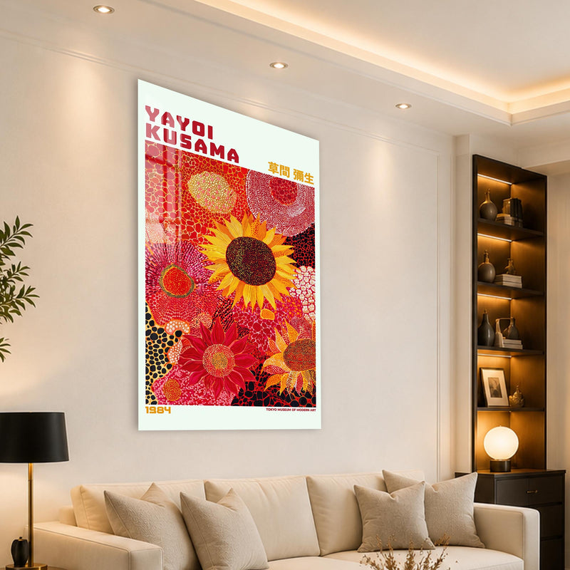 Kırmızı Bahçede Benekli Ayçiçekleri Cam Tablo – Cam Tablo