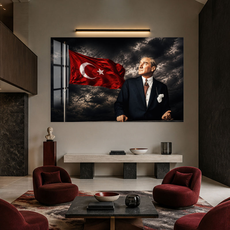 Fırtınalı Gökte Atatürk Cam Tablo
