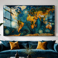 Van Gogh Yıldızlı Gece Dünya Haritası Cam Tablo