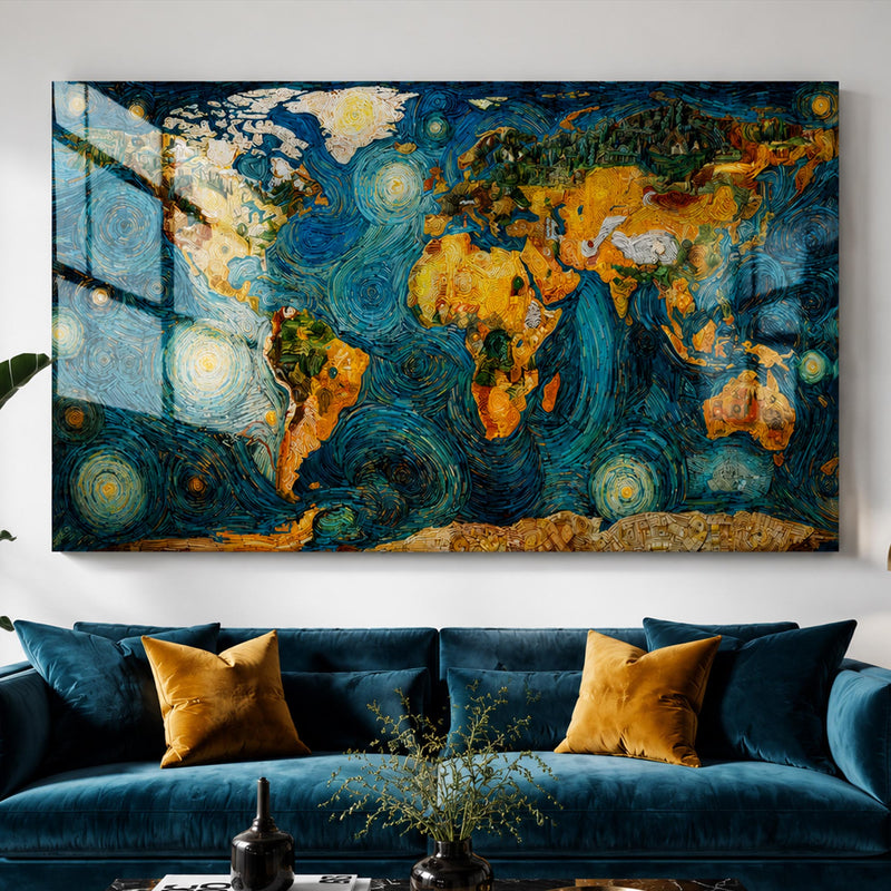 Van Gogh Yıldızlı Gece Dünya Haritası Cam Tablo
