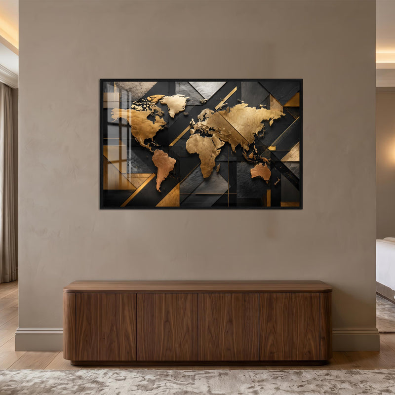 Altın Geometrik Art Deco Dünya Haritası Cam Tablo – Siyah Çerçeveli
