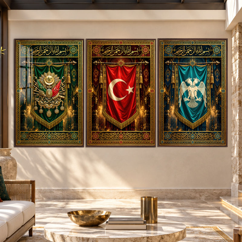 Osmanlı Sancak Üçlüsü Üçlü Cam Tablo – Ceviz Çerçeveli