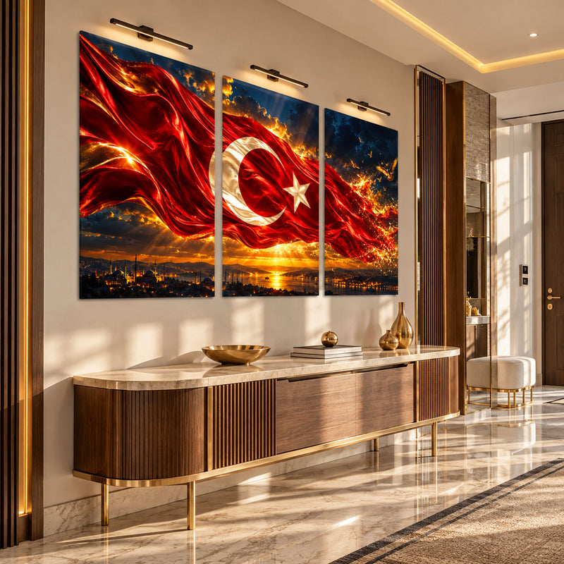 Alevli Türk Bayrağı Gün Batımı Üçlü Cam Tablo