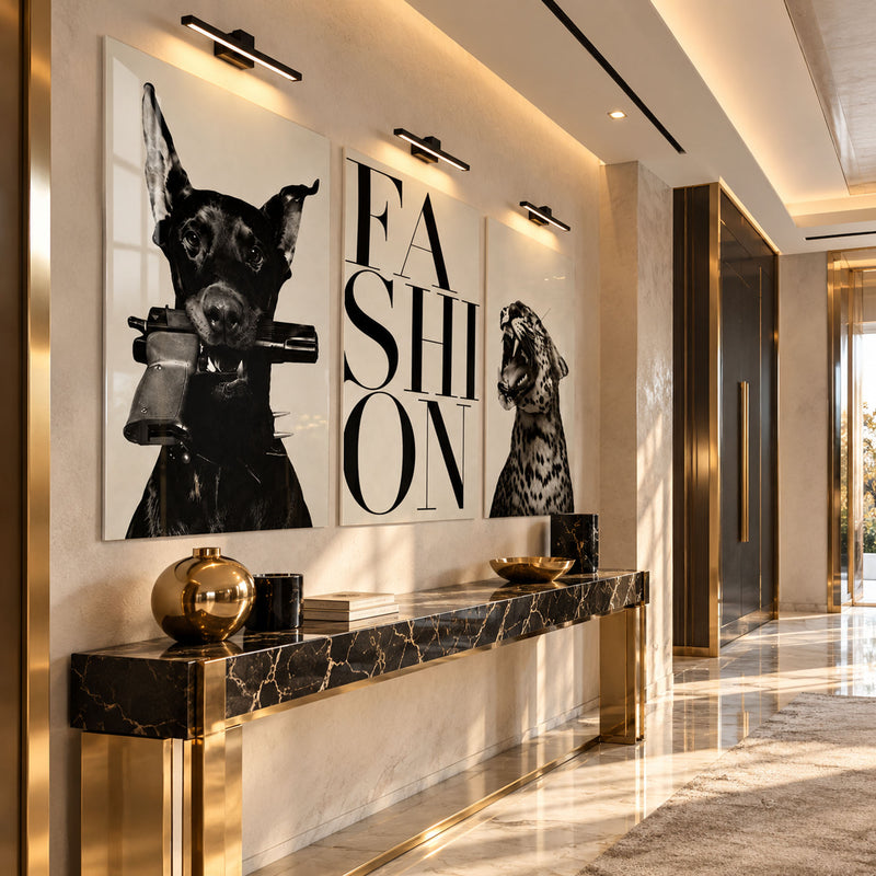 Fashion Yazılı Dobermann ve Leopar Üçlü Cam Tablo