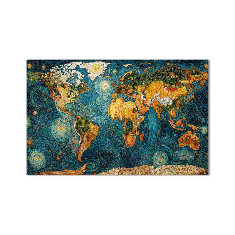 Van Gogh Yıldızlı Gece Dünya Haritası Cam Tablo