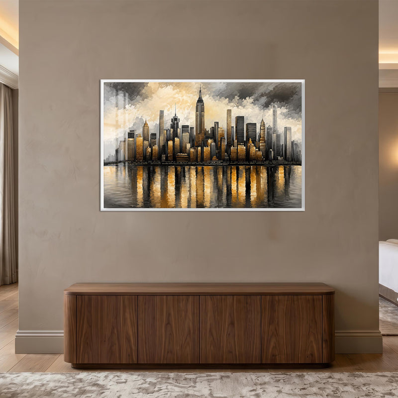 New York Gece Empire State Altın Cam Tablo – Beyaz Cerceveli Cam Tablo