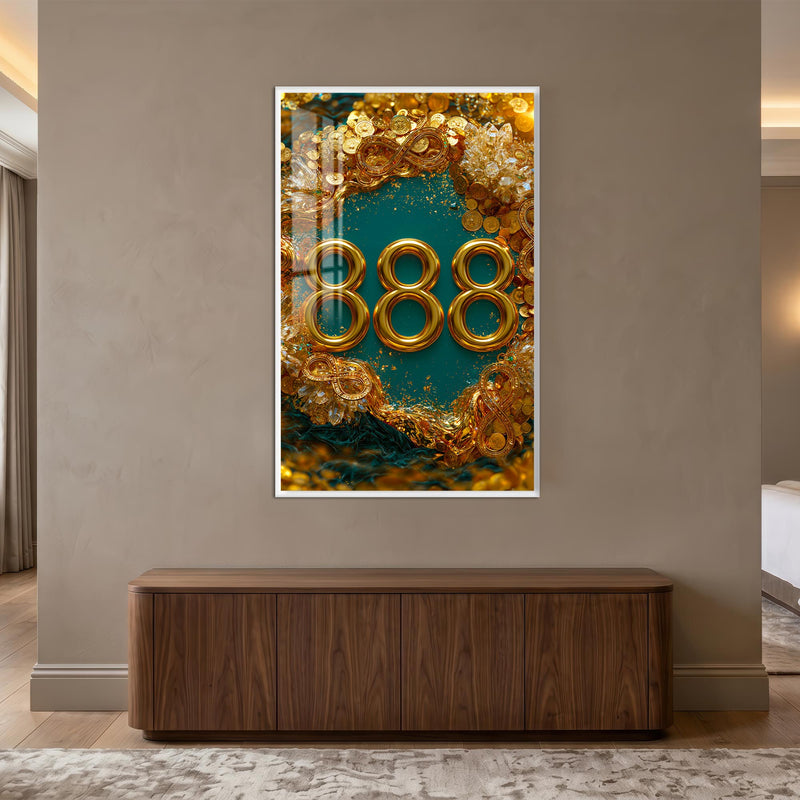 Zümrüt Hazinede 888 Cam Tablo – Gümüş Çerçeveli Cam Tablo