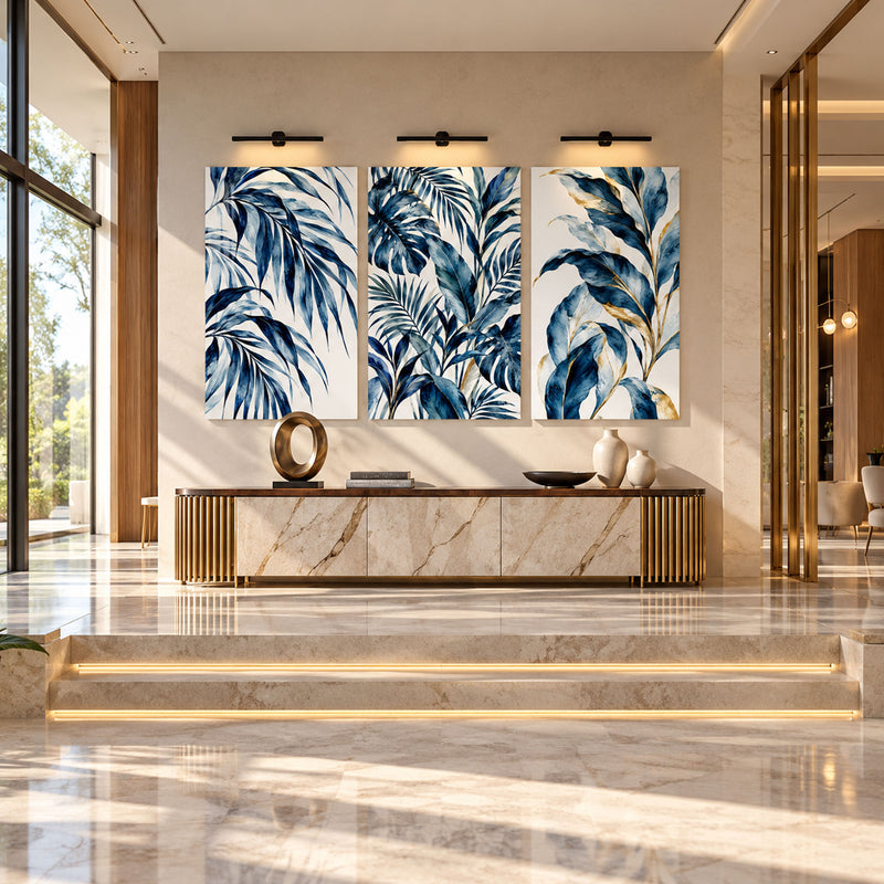 Mavi Altın Tropik Yaprak Üçlü Cam Tablo