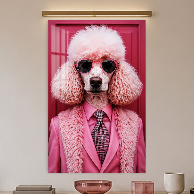 Pembe Takımlı Pudel Köpek Cam Tablo – Cam Tablo