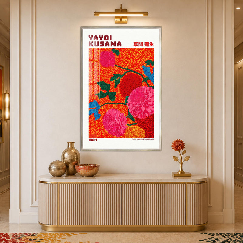 Turuncu Zeminde Pembe Çiçekler Cam Tablo – Gümüş Çerçeveli Cam Tablo