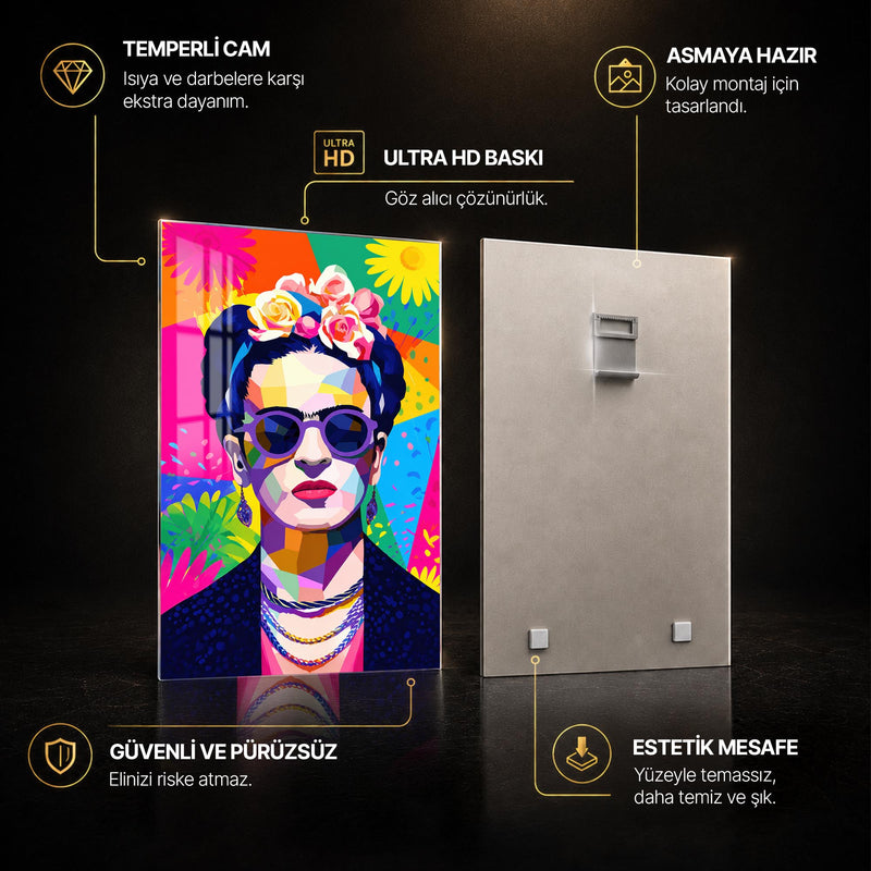 Renkli Gözlüklü Frida Kahlo Pop Art Cam Tablo – Cam Tablo