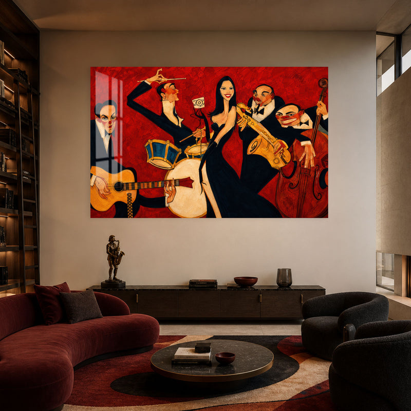 Kırmızı Fonda Caz Müzisyenleri Cam Tablo – Cam Tablo
