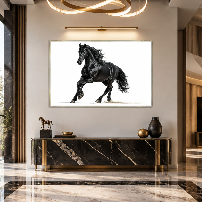 Beyaz Fonda Siyah At Cam Tablo – Gümüş Çerçeveli Cam Tablo