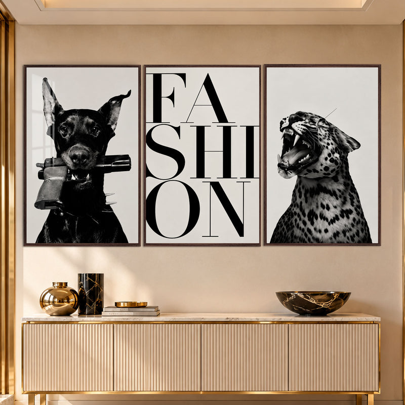 Fashion Yazılı Dobermann ve Leopar Üçlü Cam Tablo – Ceviz Çerçeveli