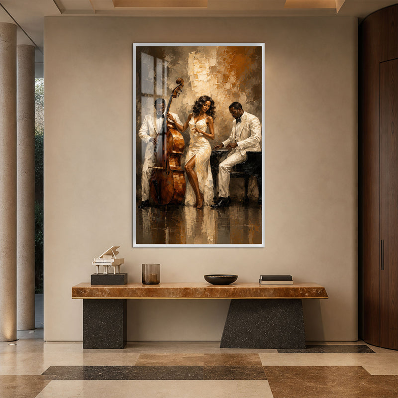 Caz Gecesi Üçlüsü Cam Tablo – Beyaz Çerçeveli Cam Tablo