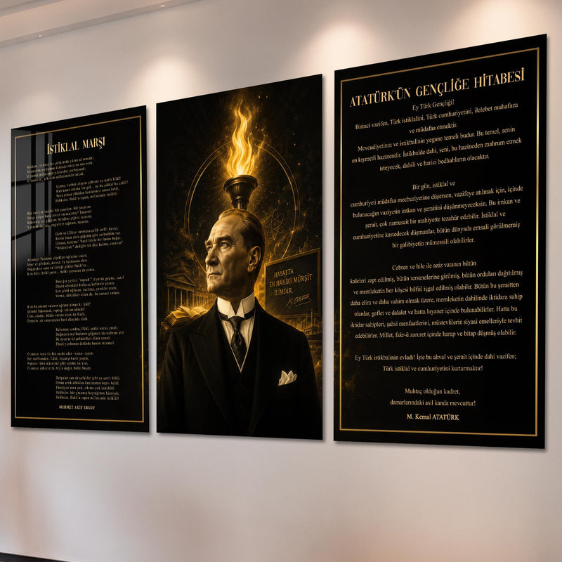 Atatürk Köşesi Üçlü Cam Tablo Seti — İlim Meşaleli
