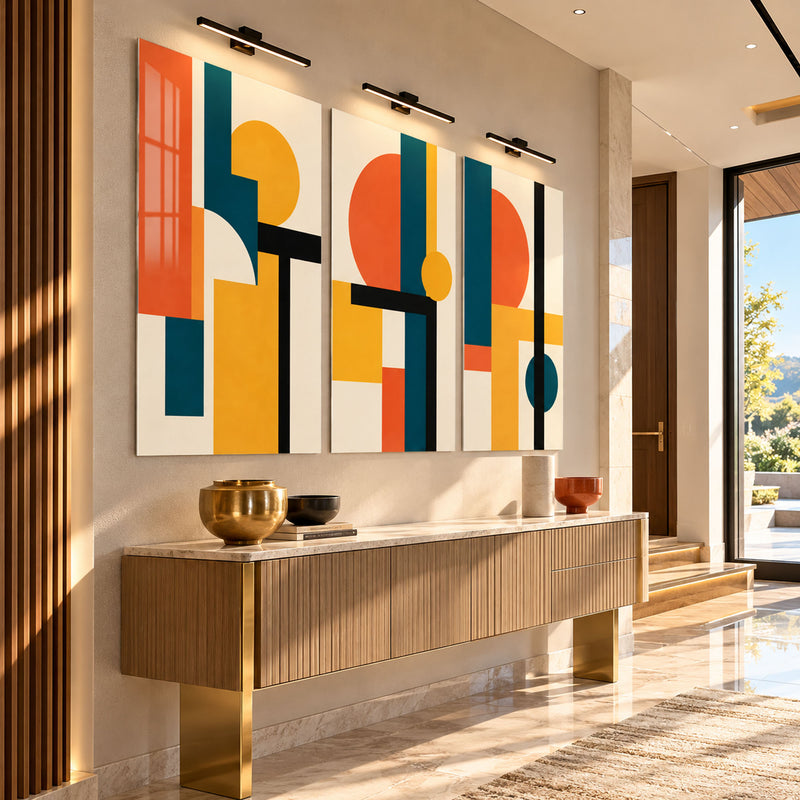 Turuncu Yeşil Sarı Geometrik Bauhaus Üçlü Cam Tablo